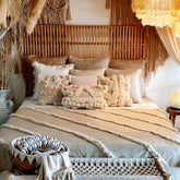 Natural Cotton Linen Throw with Diagonal Stripes and Beaded Tassels | 130×200cm